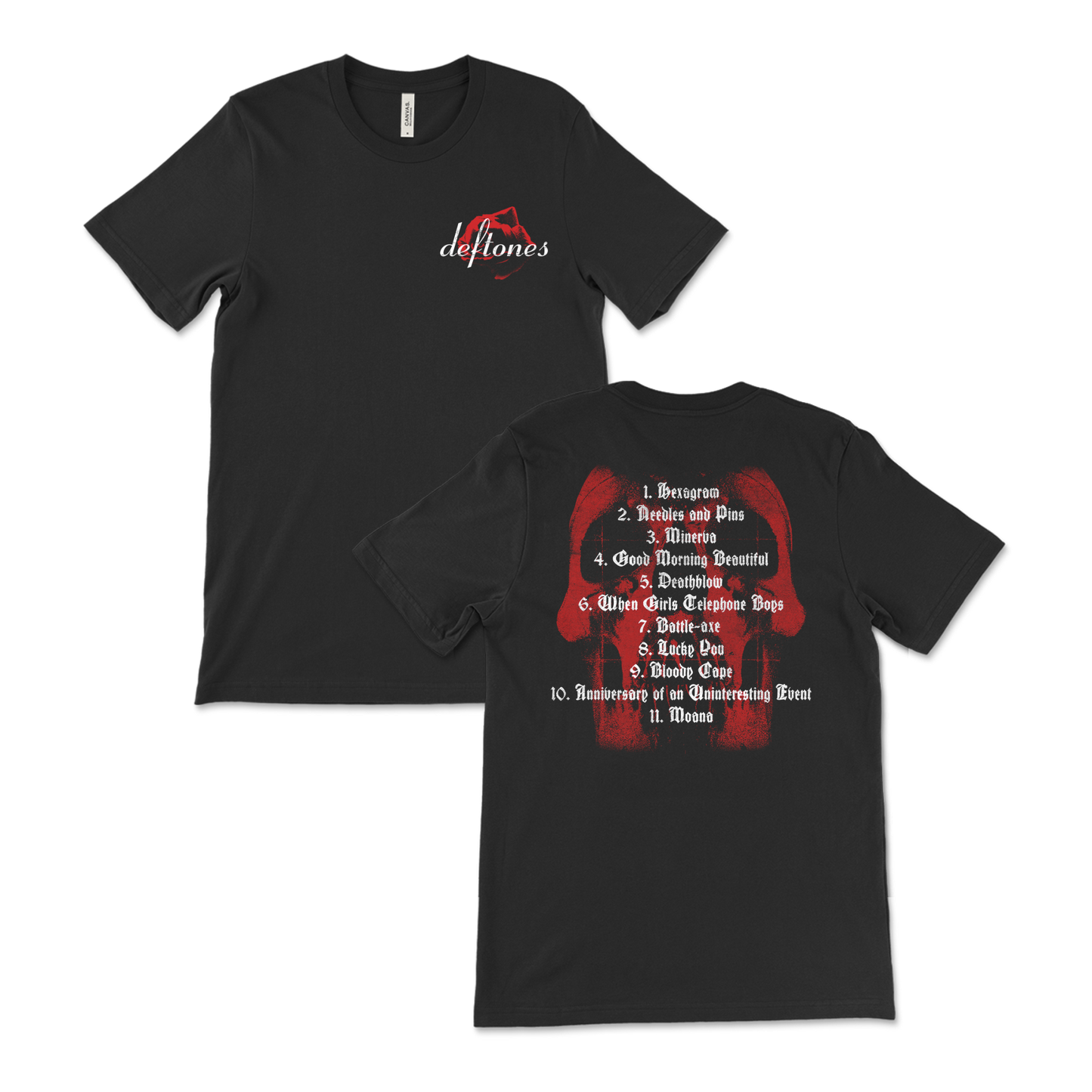 Black t-shirt with Deftones band logo and song list printed on front and back.
