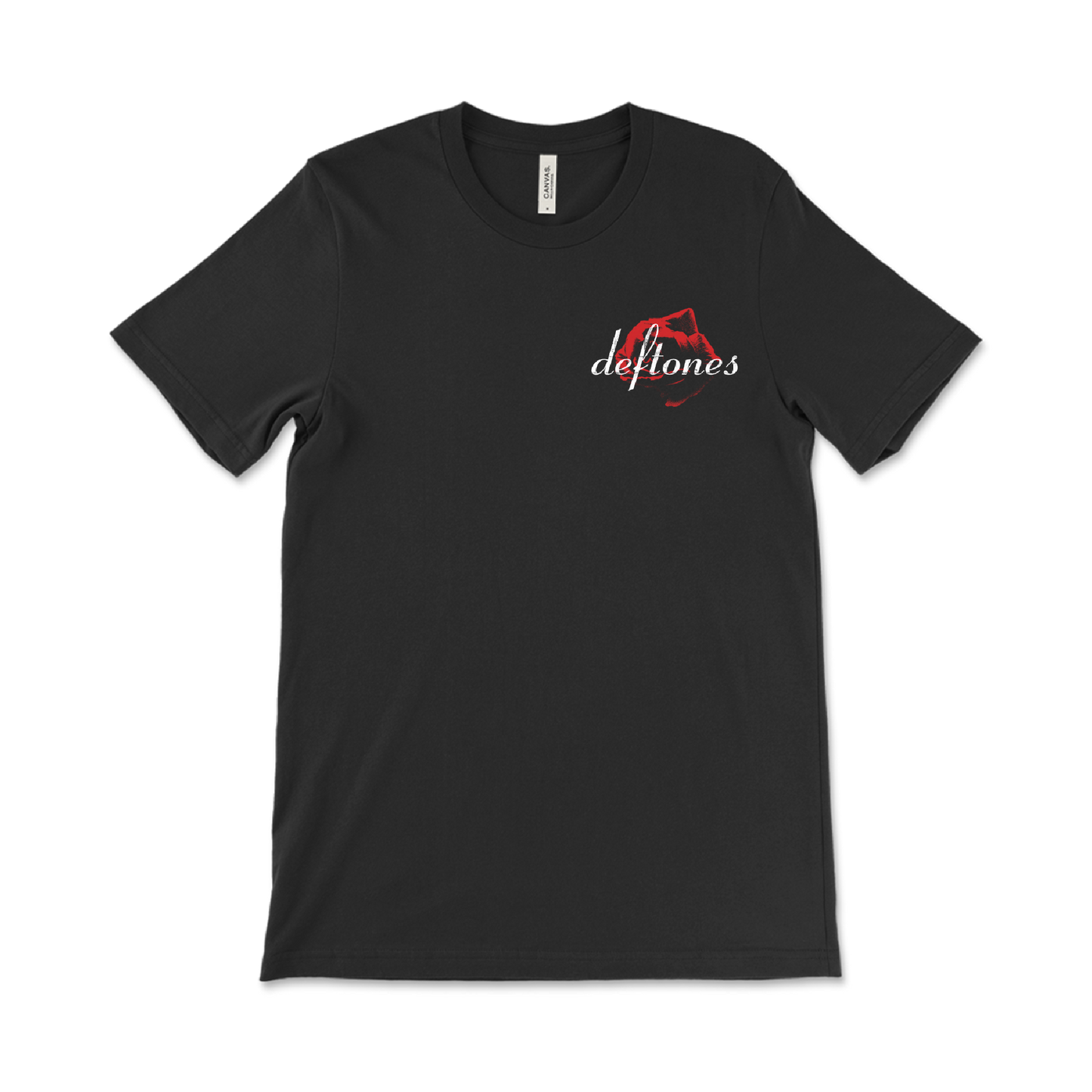 Black t-shirt with a small ’Deftones’ logo on the chest.