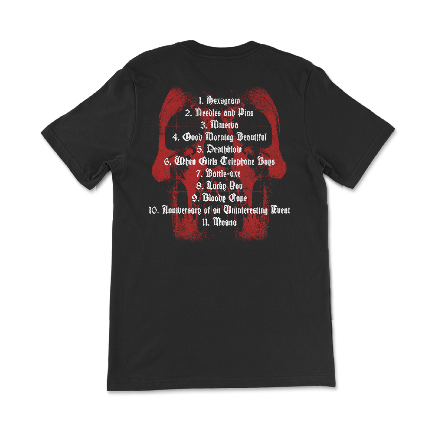 Black t-shirt with a red skull design and a track list printed on the back.