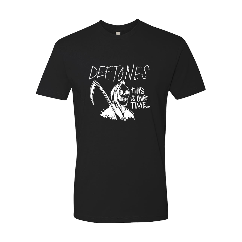Black t-shirt with a Deftones band design featuring a grim reaper figure and text.