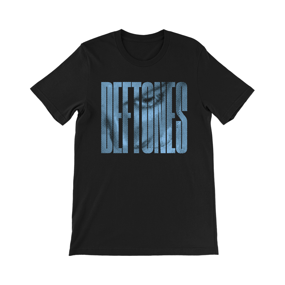 Black t-shirt with ’DEFTONES’ printed in blue lettering.