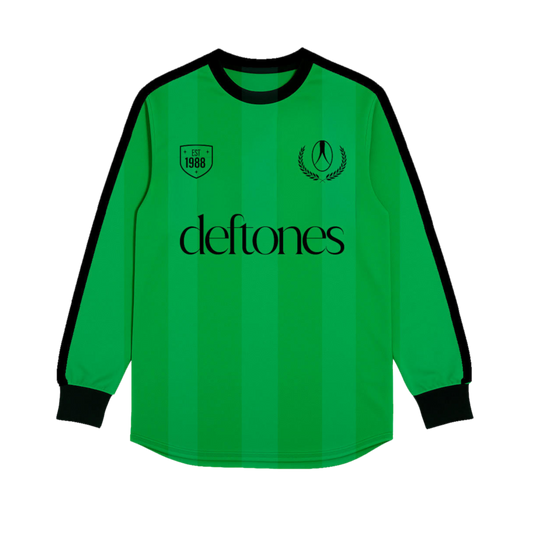 Vibrant neon green long-sleeved soccer jersey with black trim, featuring ’deftones’ in bold lettering across the chest and a crest on the left sleeve.