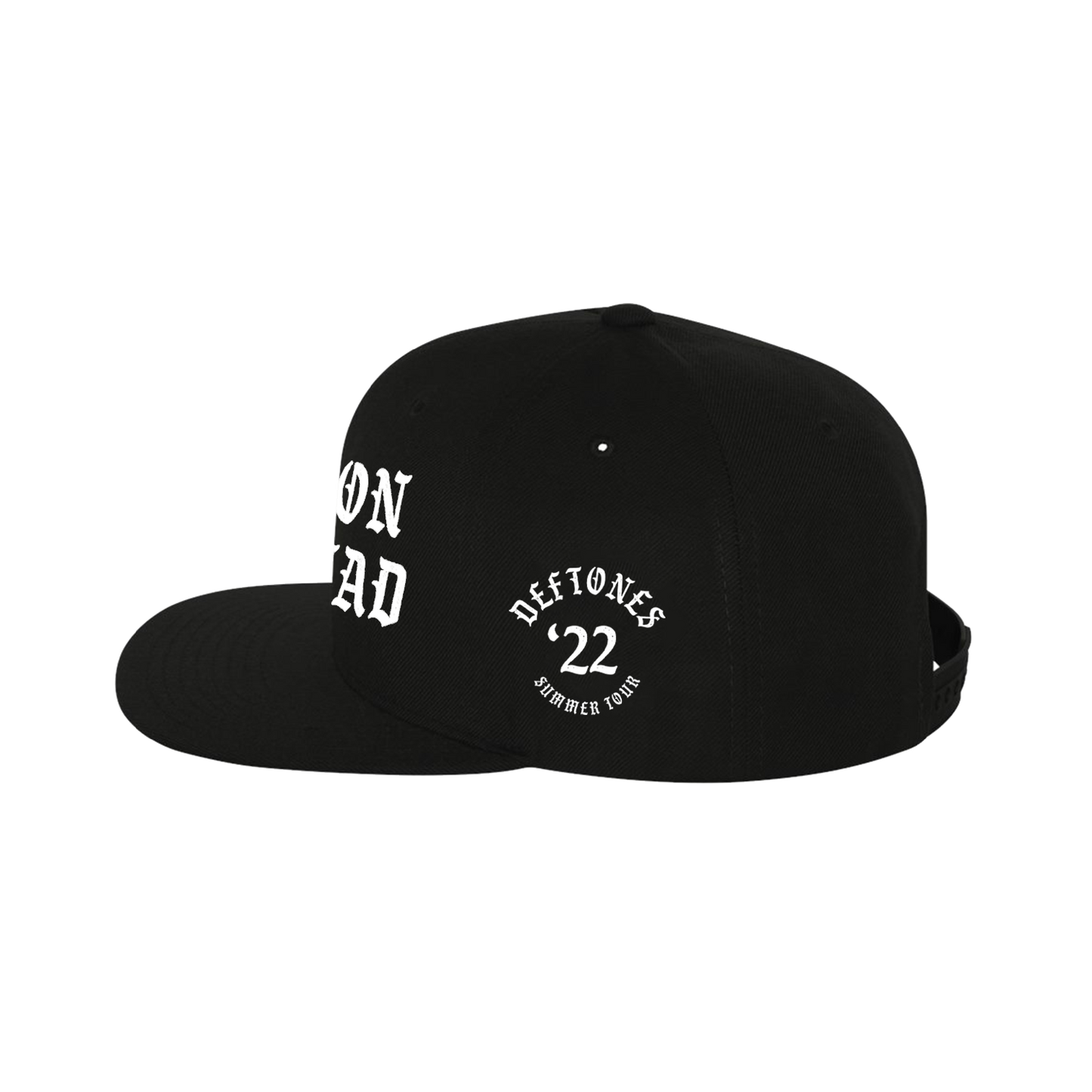 Black snapback cap with white embroidered text reading ’ON TAD’ and ’DEFTONES ’22’.