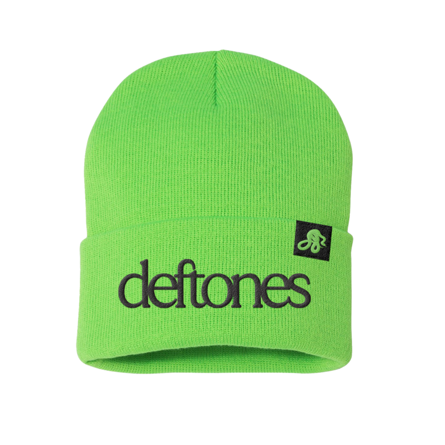 Bright neon green knit beanie with black embroidered ’deftones’ logo and a small black square patch featuring the band’s stylized snake emblem.