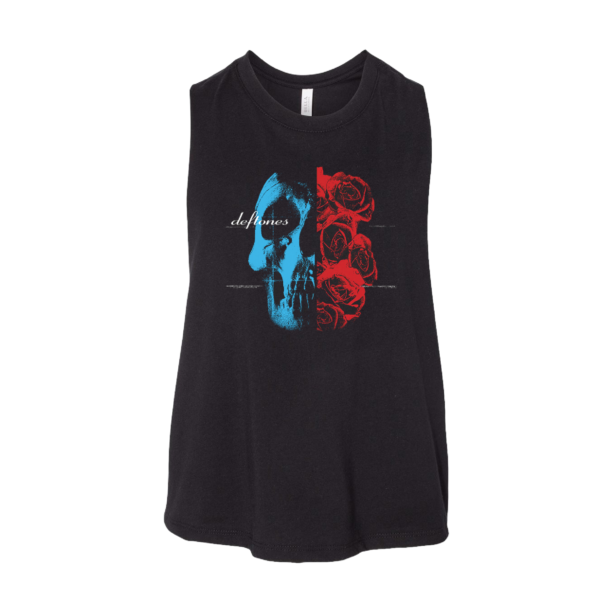 Black sleeveless shirt with a blue skull and red roses design, featuring the text ’deftones’.