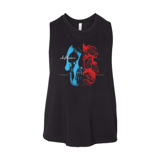 Black sleeveless shirt with a blue skull and red roses design, featuring the text ’deftones’.