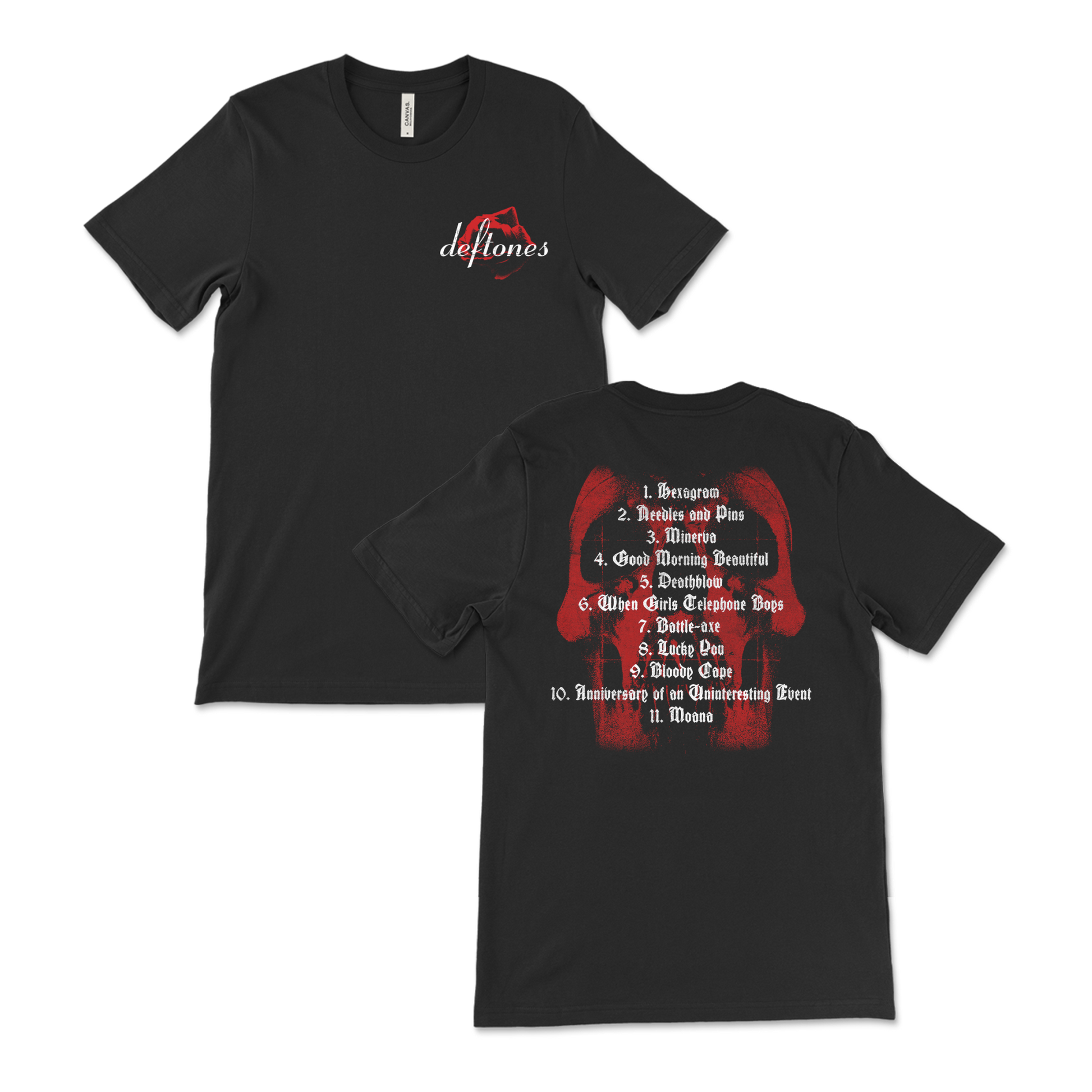 Black t-shirt with Deftones band logo and song list printed on front and back.