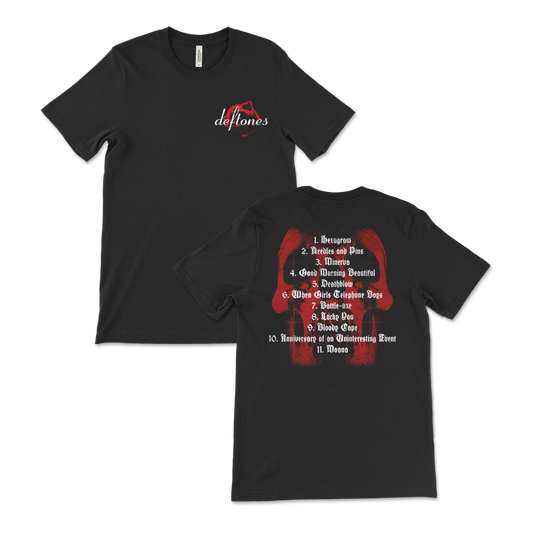 Black t-shirt with Deftones band logo and song list printed on front and back.