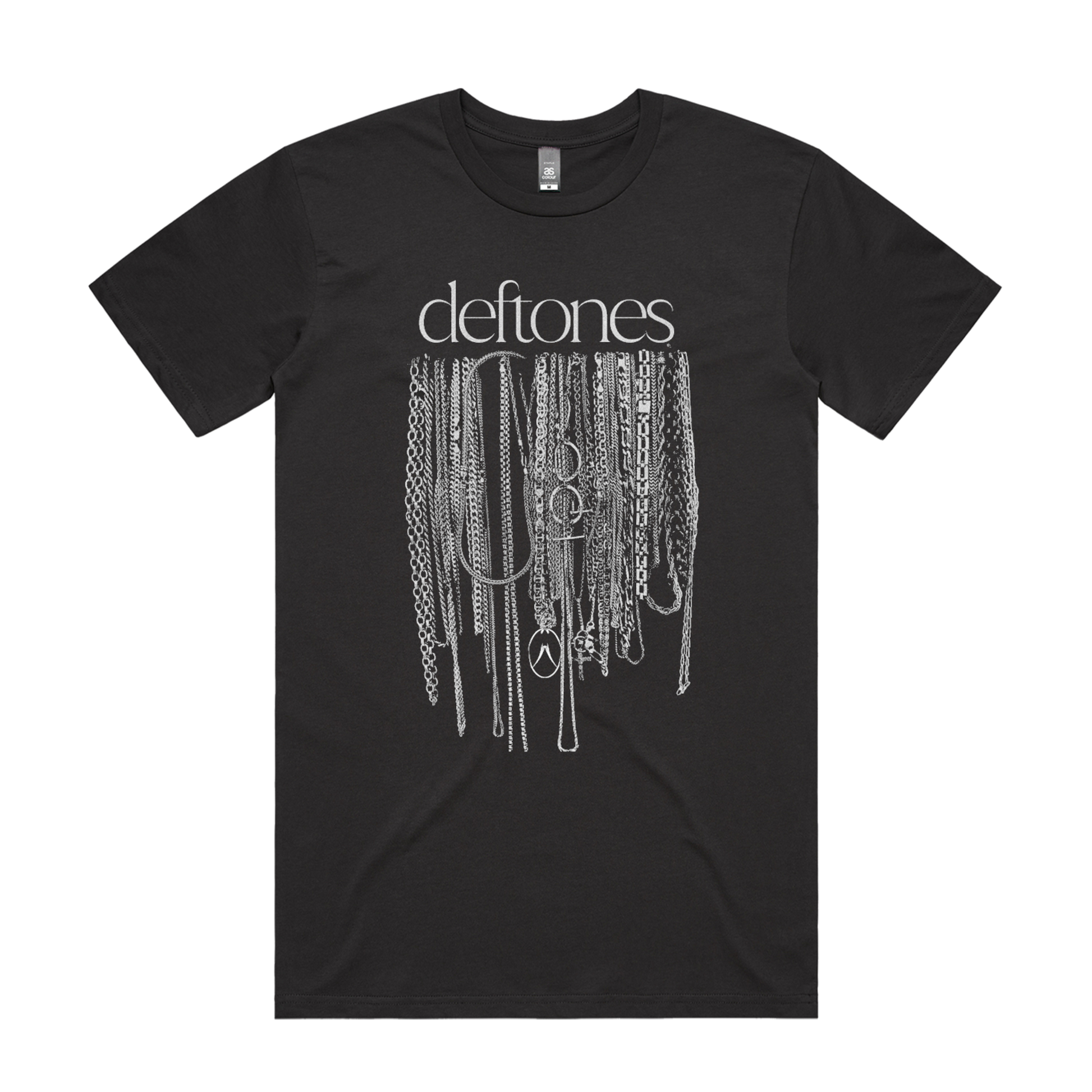 Black short-sleeved t-shirt featuring a white graphic of cascading chains and the word ’deftones’ printed above it.