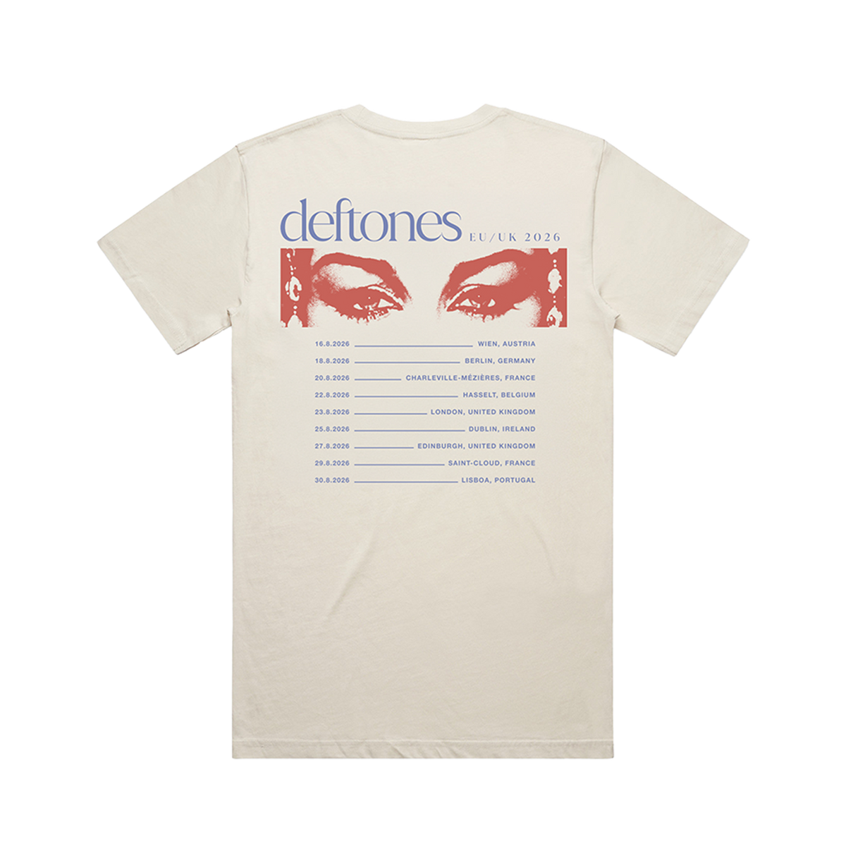 Cream-colored standard fit cotton cleo mug t-shirt with red and blue eyes graphic and Deftones UK merch tour dates