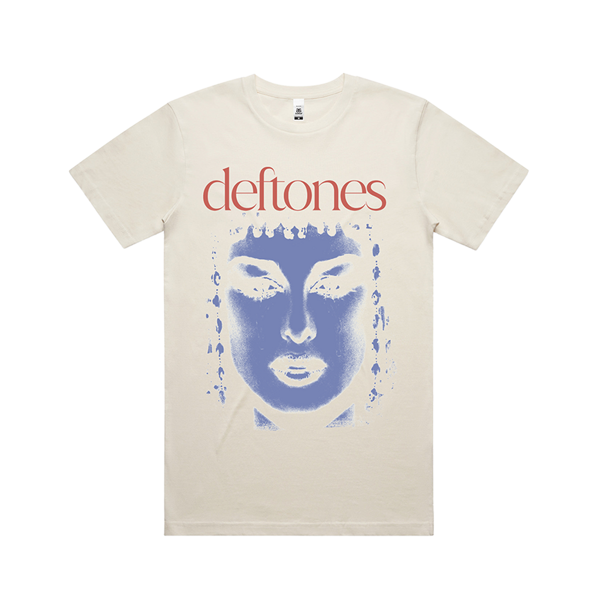 Cream-colored standard fit cleo mug t-shirt with blue stylized face and red deftones print from Official Deftones UK Store