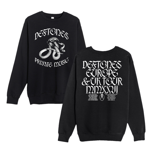 Black long-sleeved sweatshirt with white graphic print featuring the band name ’deftones’ and tour details