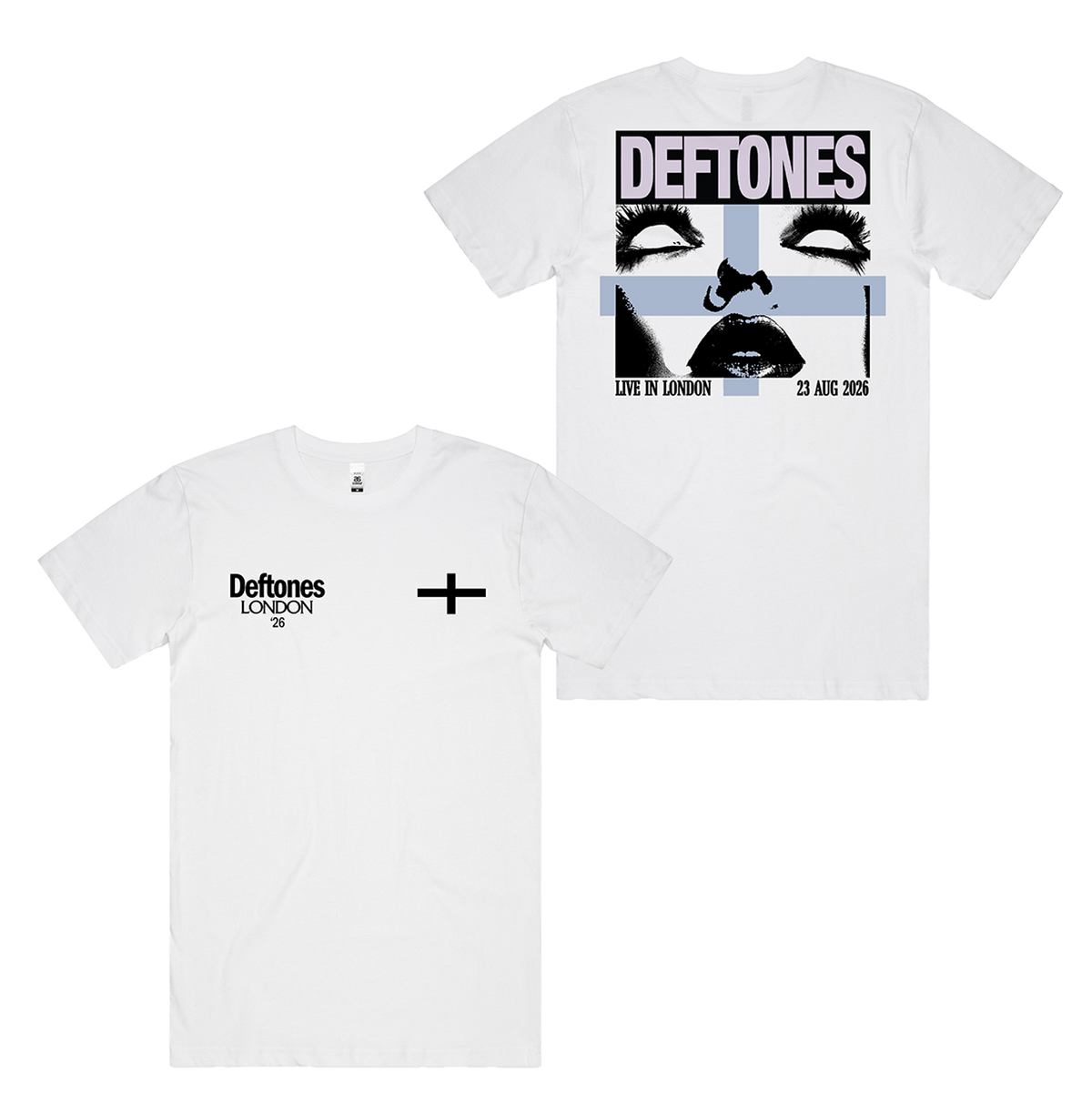 White cotton standard fit t-shirt with deftones eyes cross graphic and london 2026 event details from official deftones uk store