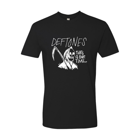 Black t-shirt with a Deftones band design featuring a grim reaper figure and text.