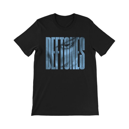 Black t-shirt with ’DEFTONES’ printed in blue lettering.