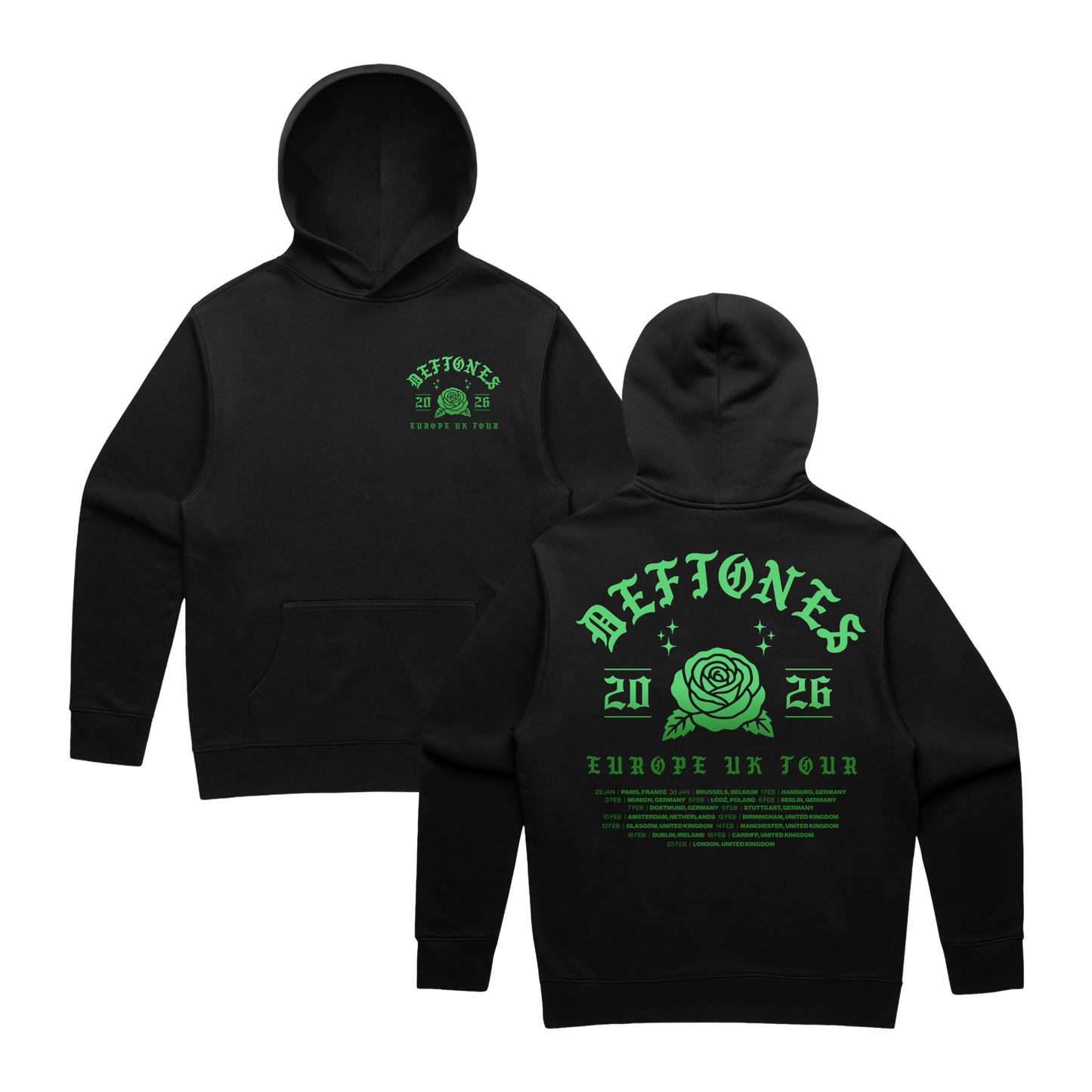 Black hoodie featuring neon green ’deftones 20 26 europe uk tour’ graphic with a rose design