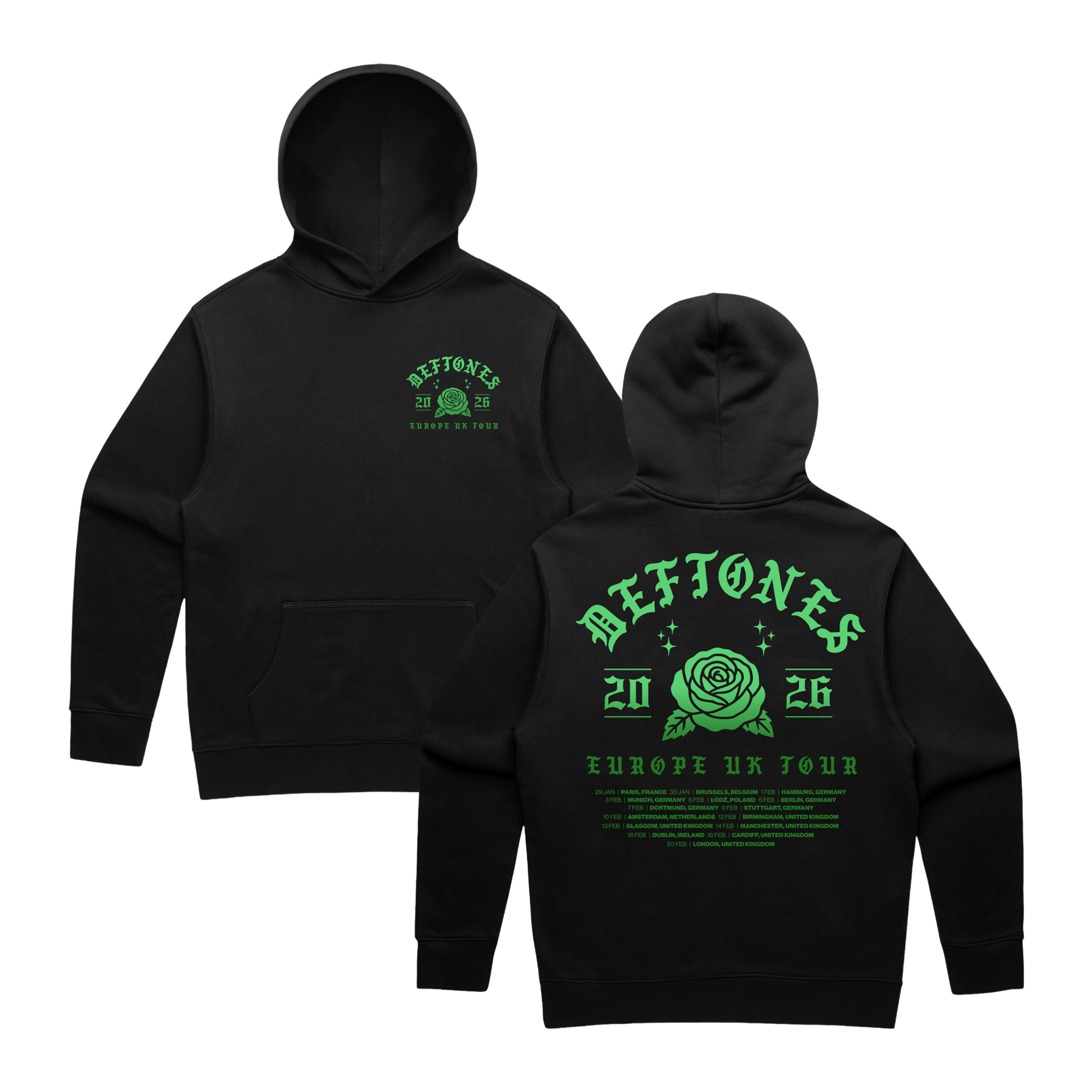 Black hoodie featuring neon green ’deftones 20 26 europe uk tour’ graphic with a rose design