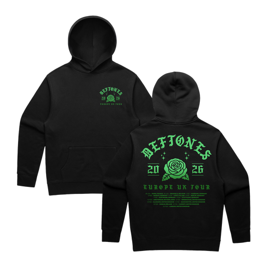 Black hoodie featuring neon green ’deftones 20 26 europe uk tour’ graphic with a rose design