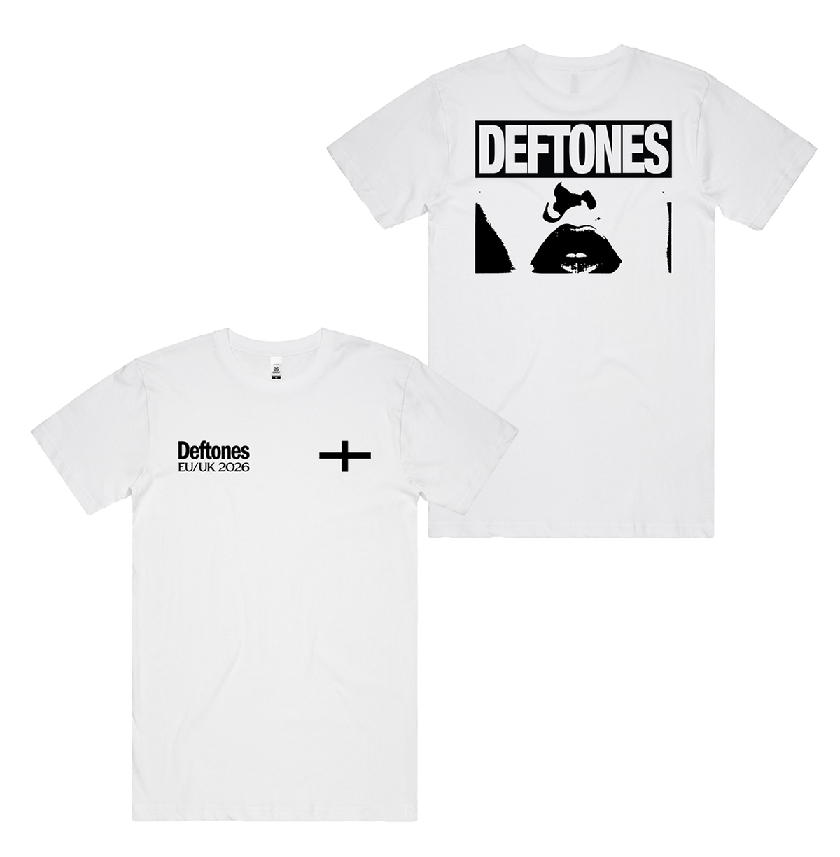 White cotton lips threshold t-shirt with black graphic print of deftones lips on back, standard fit from official deftones uk store