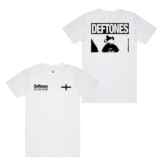 White cotton lips threshold t-shirt with black graphic print of deftones lips on back, standard fit from official deftones uk store