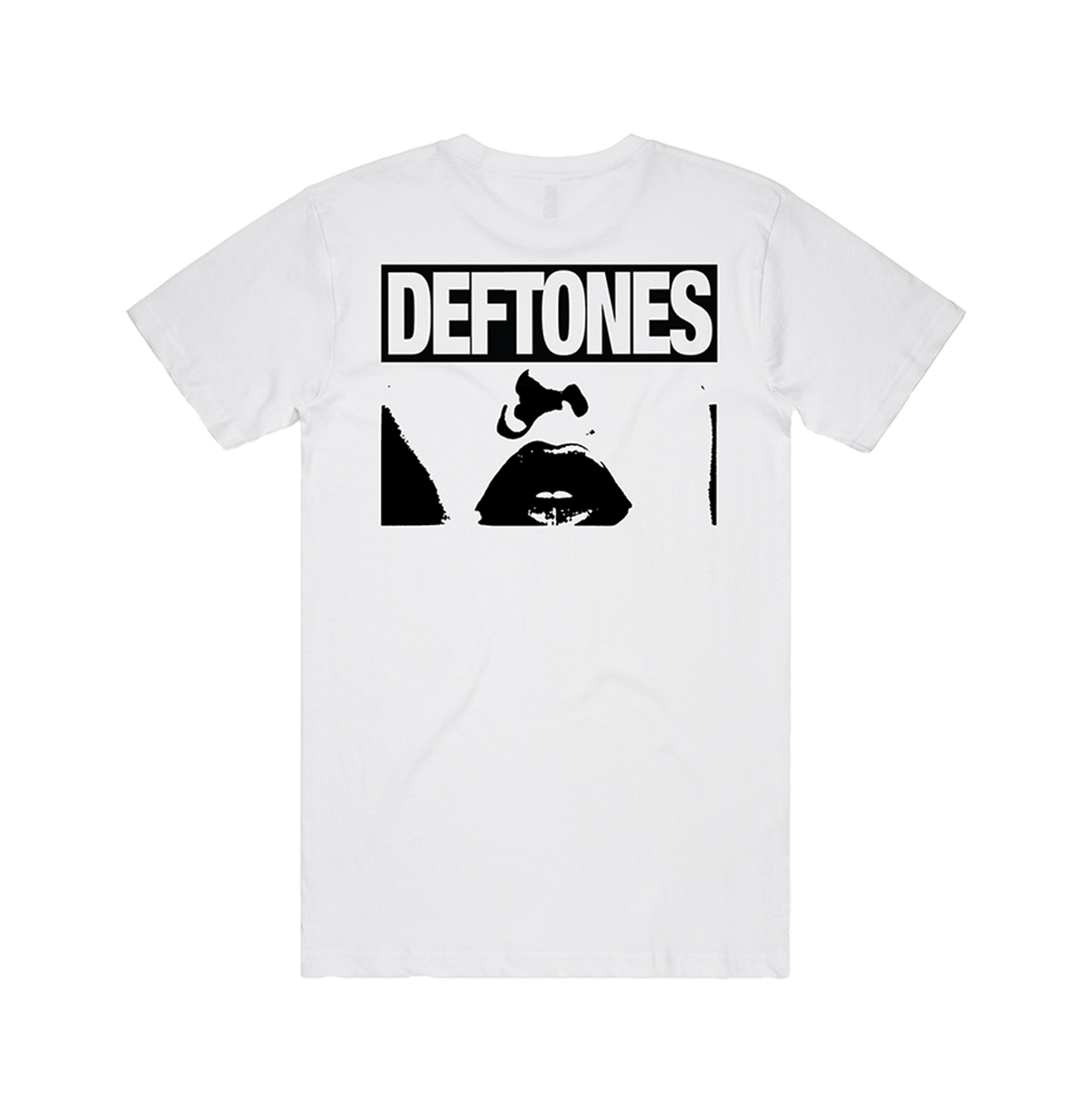 White cotton lips threshold standard fit t-shirt with black graphic and deftones text from official deftones uk store
