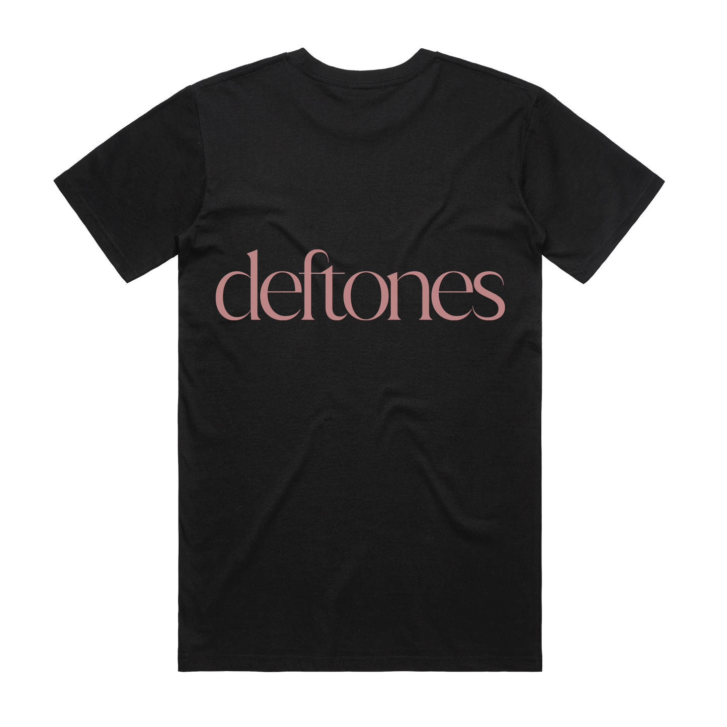 Black cotton t-shirt featuring the word ’deftones’ printed across the chest in a soft pink, elegant serif font.
