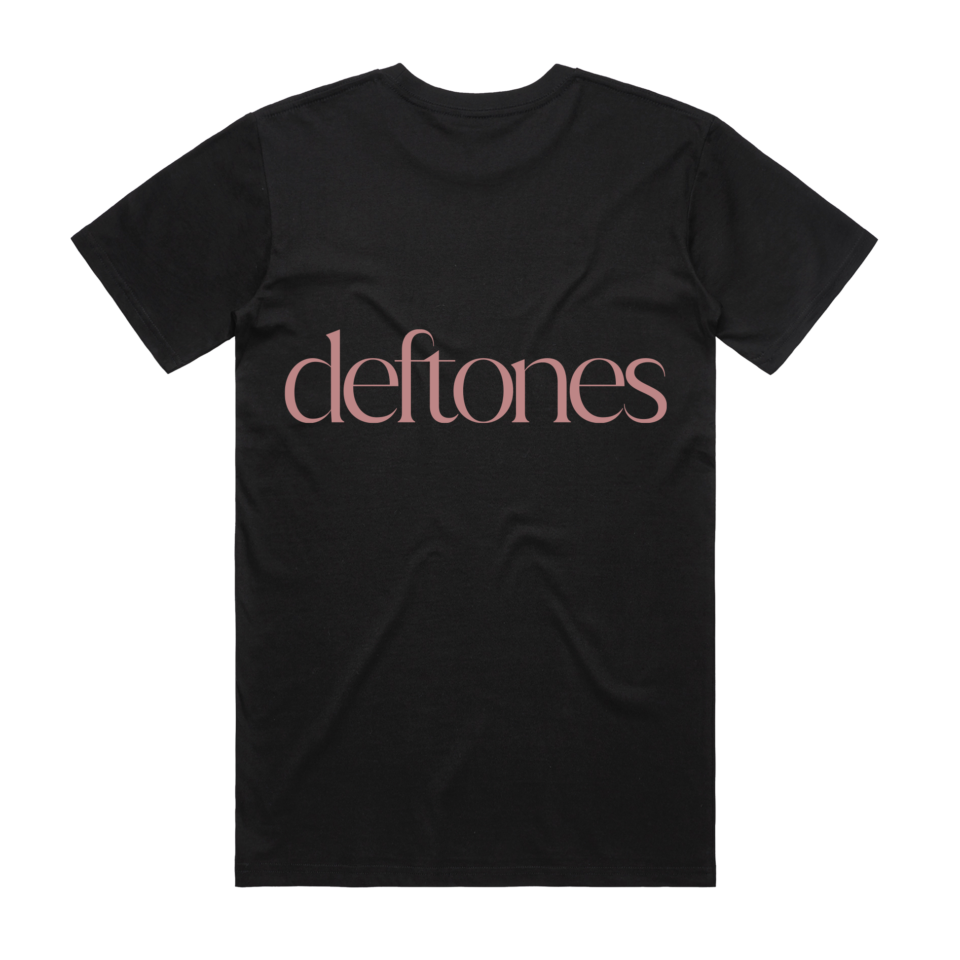 Black cotton t-shirt featuring the word ’deftones’ printed across the chest in a soft pink, elegant serif font.