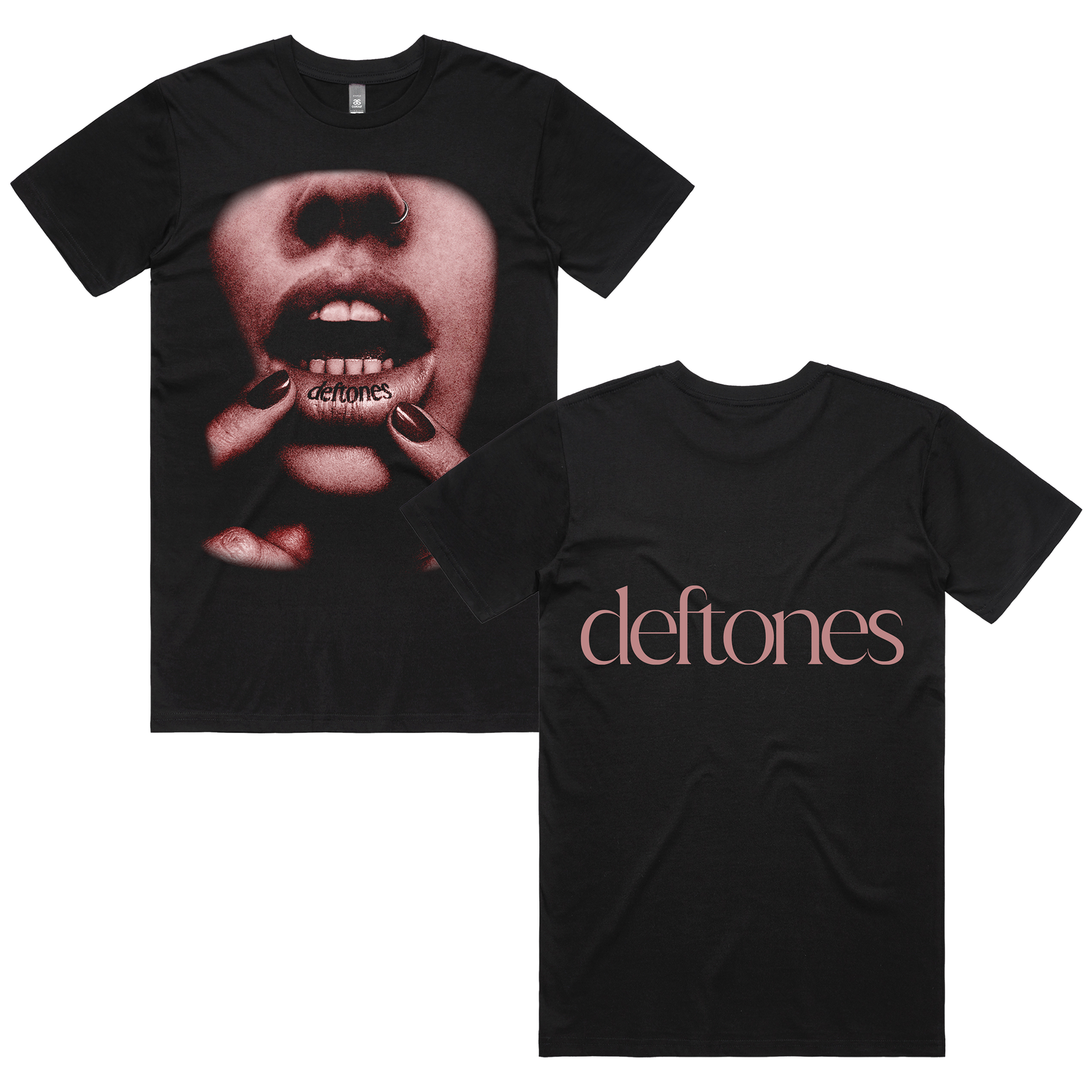 Black short-sleeved t-shirt featuring a graphic of lips with the word ’deftones’ written on them and another version displaying the band’s name in pink lettering.