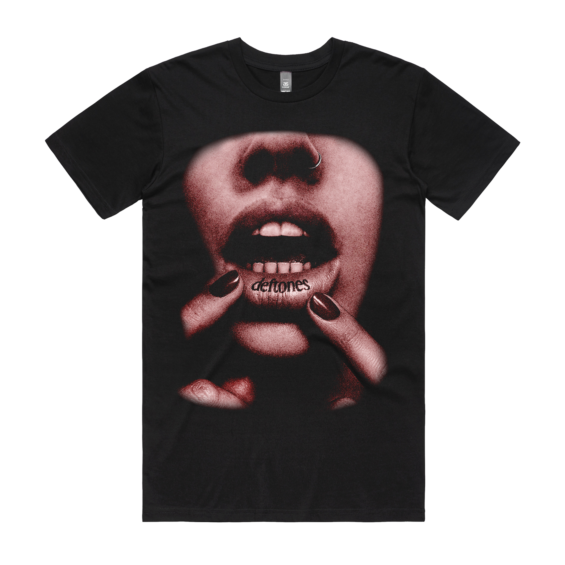 Black cotton t-shirt featuring a graphic print of a person’s face with lips and fingers, the word ’demon’ written across the lower lip.