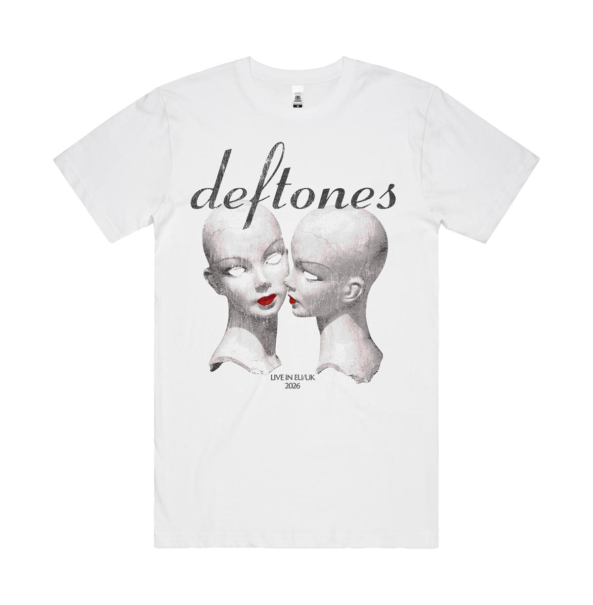 White cotton standard fit mannequin head t-shirt with black and white deftones uk merch graphic and live in eu uk 2006 text