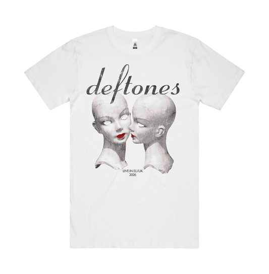 White cotton standard fit mannequin head t-shirt with black and white deftones uk merch graphic and live in eu uk 2006 text