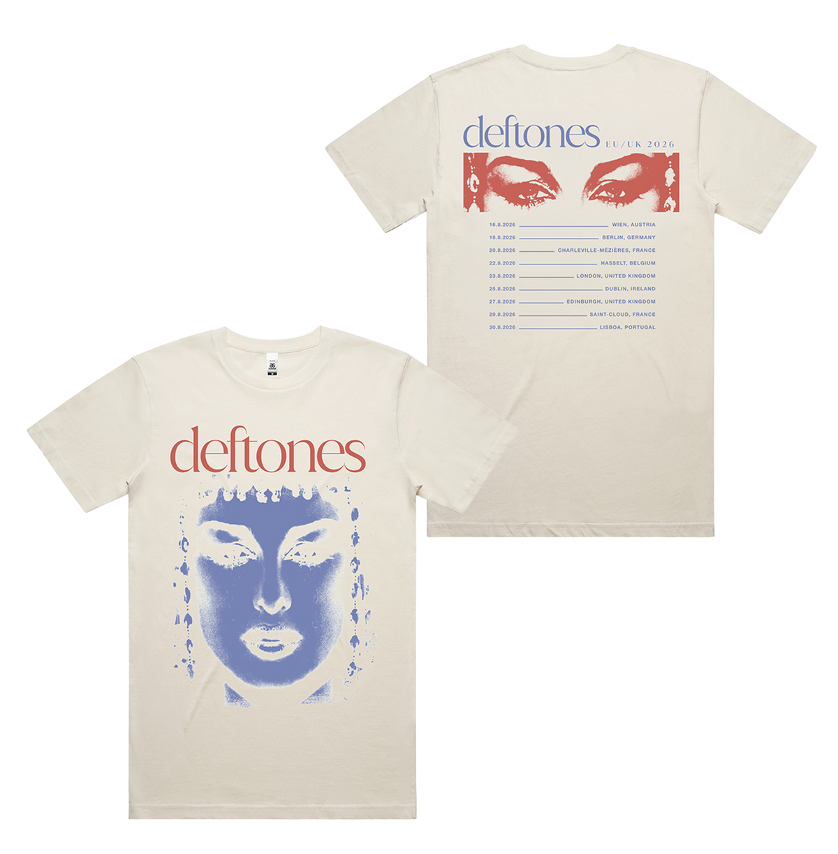 Cream-colored standard fit cleo mug t-shirt with blue buddha face front graphic and red handprints back design from official deftones UK store