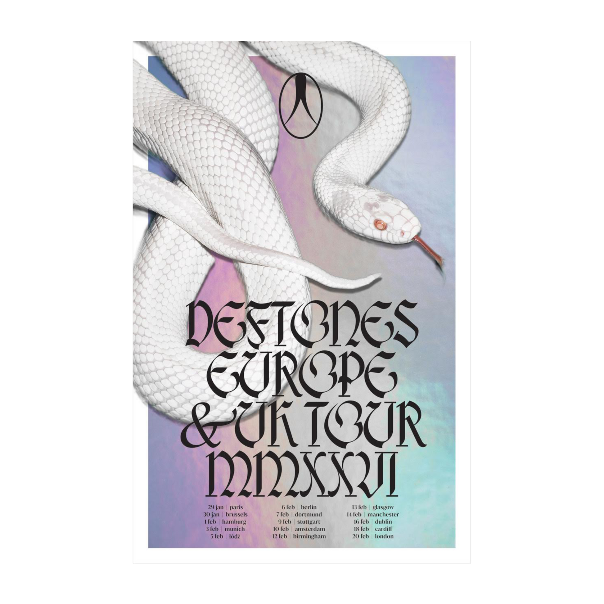 A white snake with a textured scales design wraps around the poster, its head featuring an orange eye and tongue.