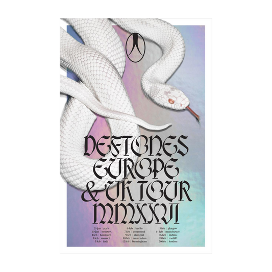 A white snake with a textured scales design wraps around the poster, its head featuring an orange eye and tongue.