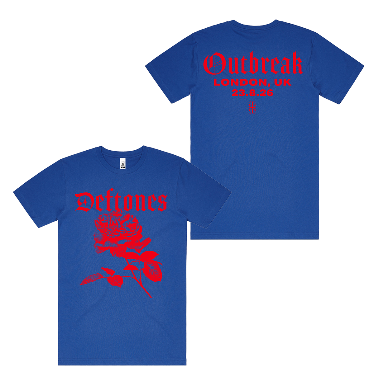 Royal blue cotton rose outbreak standard fit t-shirt with red deftones logo and uk london exclusive print back side