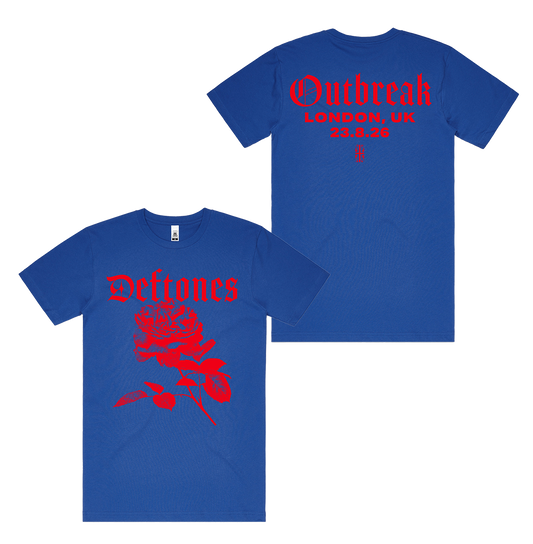 Royal blue cotton rose outbreak standard fit t-shirt with red deftones logo and uk london exclusive print back side