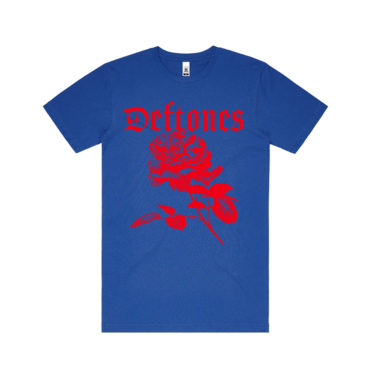 Blue cotton standard fit rose outbreak t-shirt with red deftones logo and rose graphic from official deftones uk merch