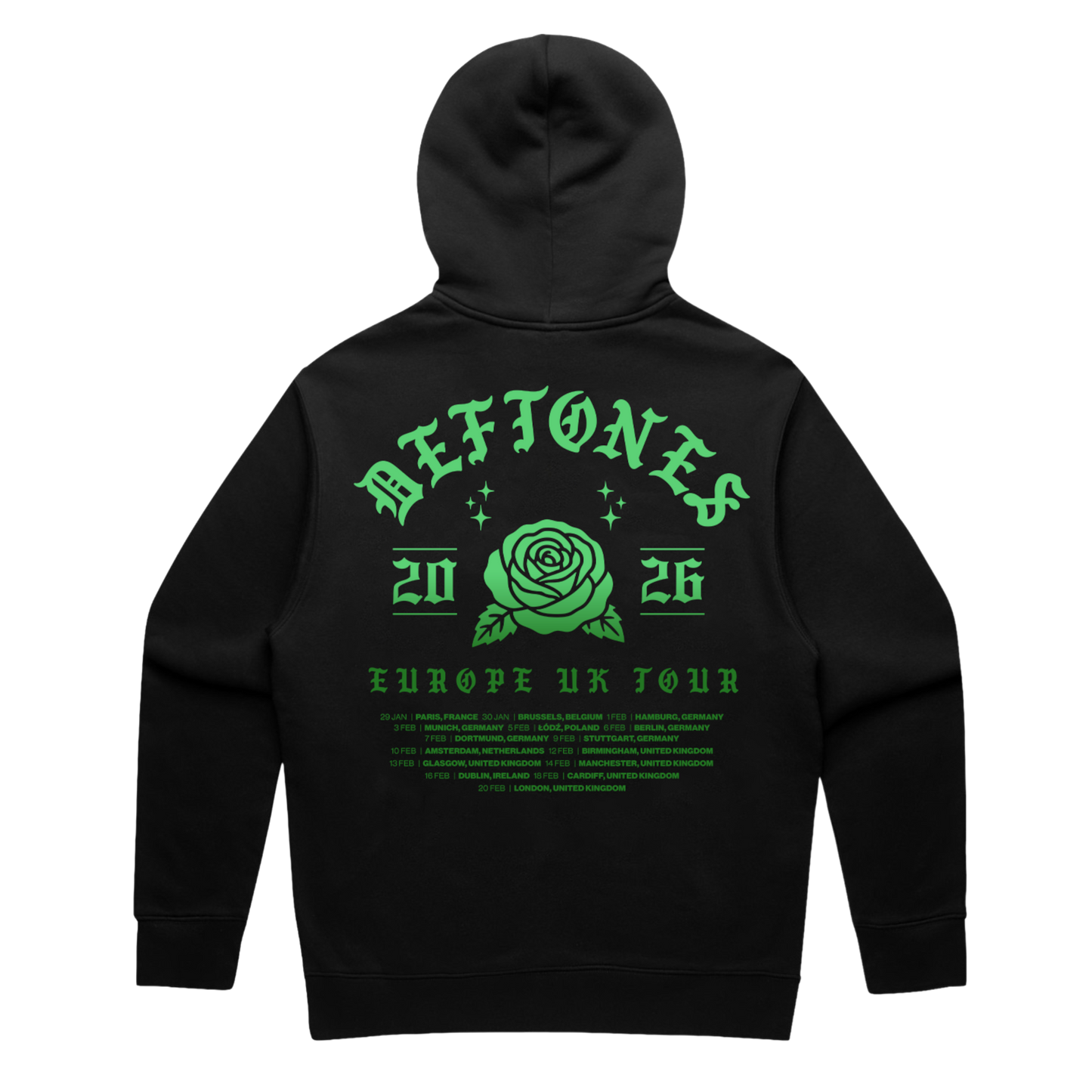Black hoodie with neon green graphic design featuring the band name ’deftones,’ a rose, and tour dates for their 2026 europe & uk tour.