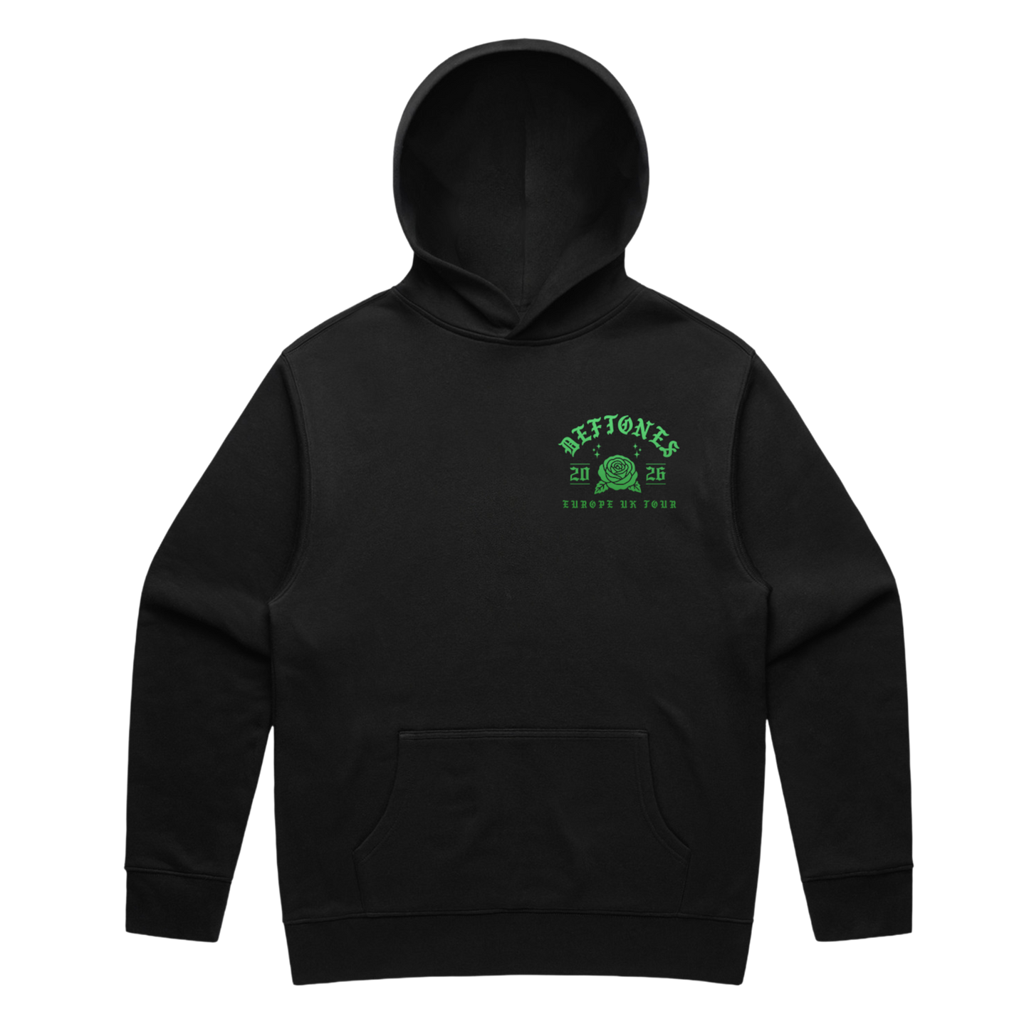 Black hoodie featuring a green embroidered logo with ’deftones’ and ’europe uk tour 2026’’.