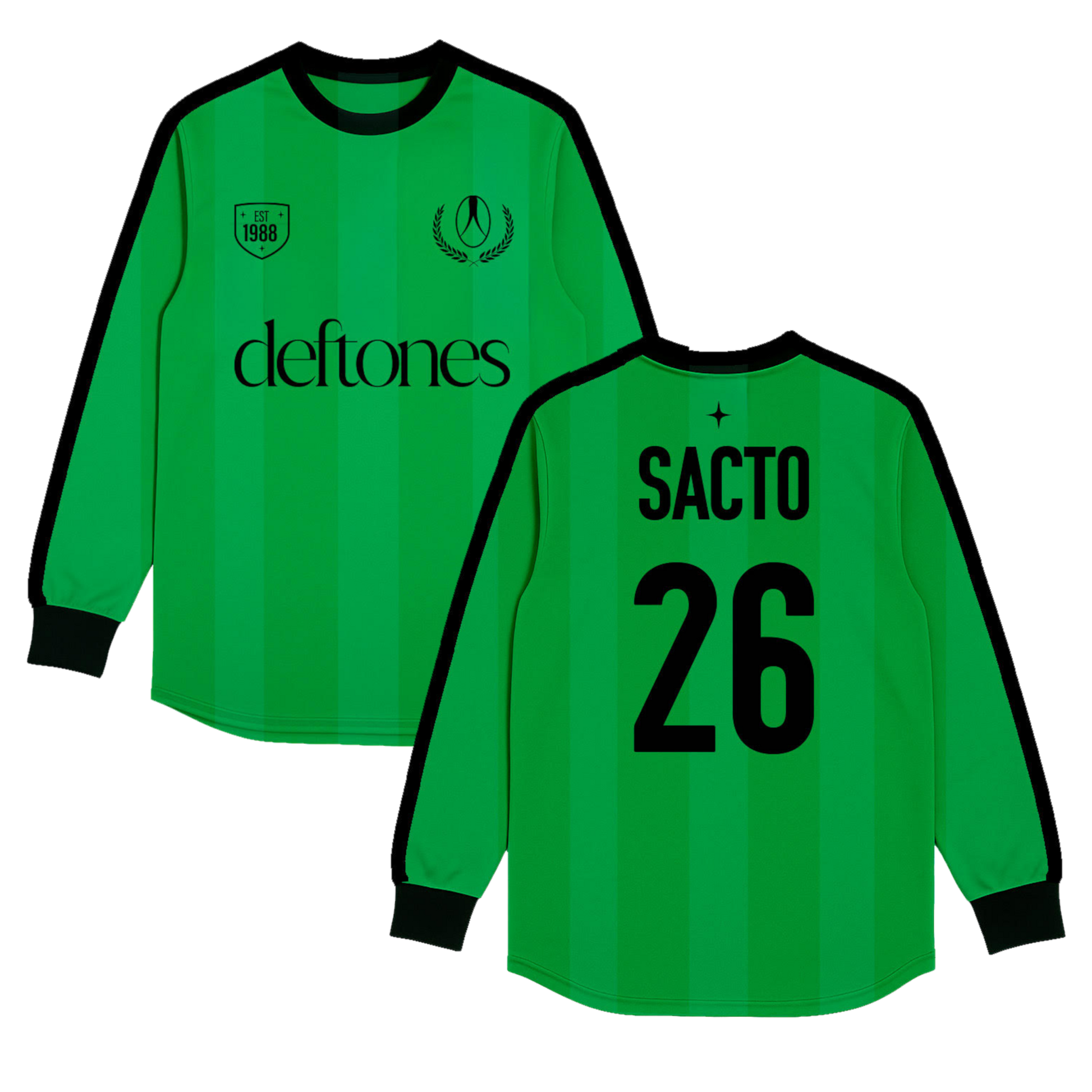 Vibrant neon green long-sleeved soccer jersey with black trim, featuring ’deftones’ and player name number 26 on the back.