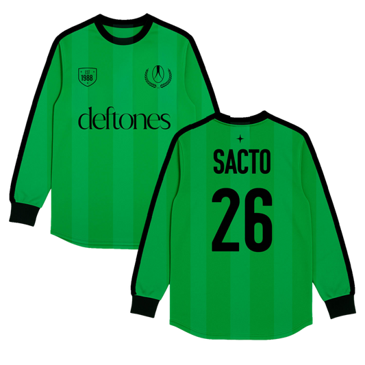 Vibrant neon green long-sleeved soccer jersey with black trim, featuring ’deftones’ and player name number 26 on the back.