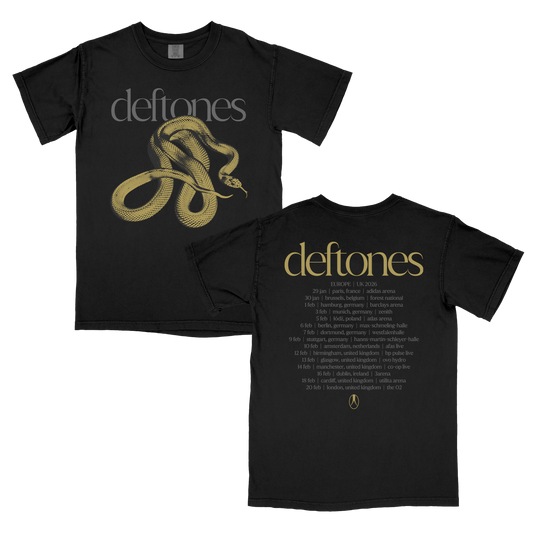 Black cotton t-shirt featuring a gold-embossed snake graphic and the band name ’deftones’ in matching gold lettering on both front and back.