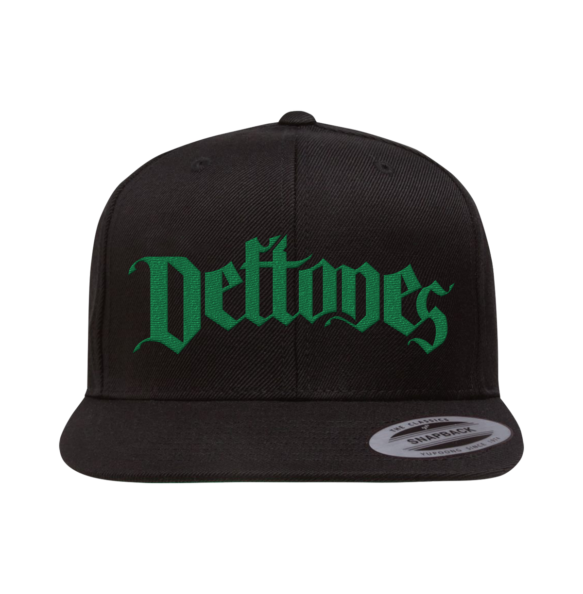 Black metal arch snapback cap with green deftones logo, stitched ventilation eyelets, and plastic snapback size adjuster