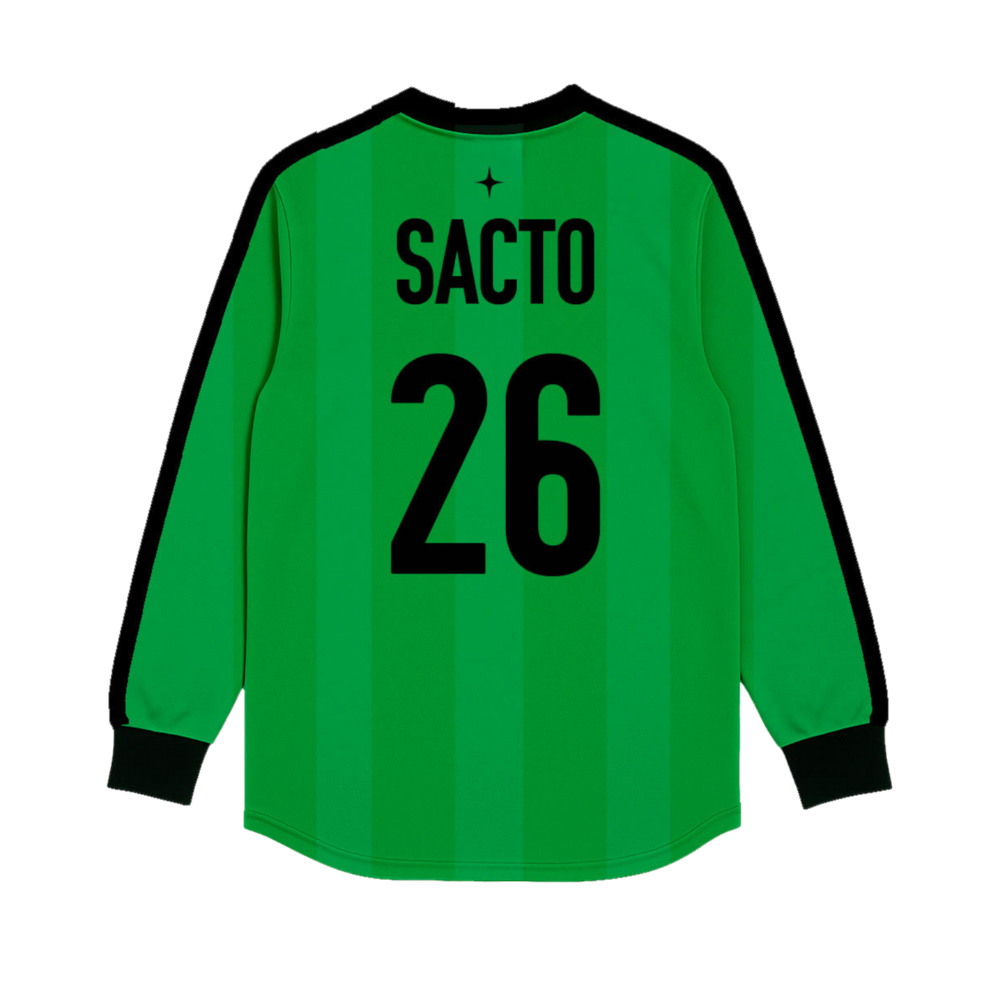 Bright green long-sleeved soccer jersey with black trim on the cuffs and collar, featuring ’sacto’ and the number ’26’’ in bold black lettering across the back.