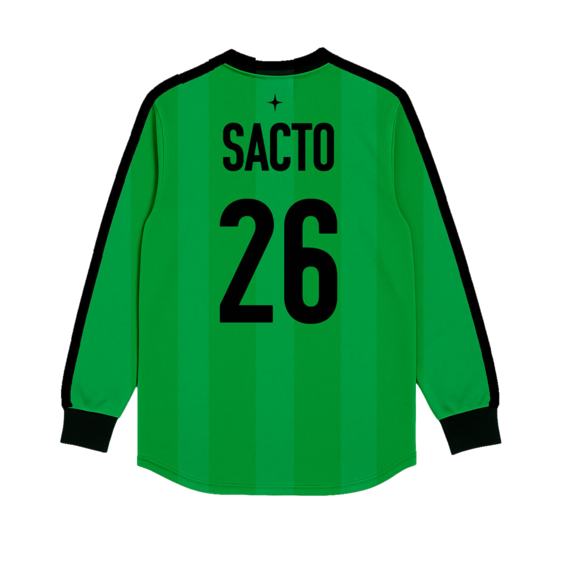 Bright green long-sleeved soccer jersey with black trim on the cuffs and collar, featuring ’sacto’ and the number ’26’’ in bold black lettering across the back.