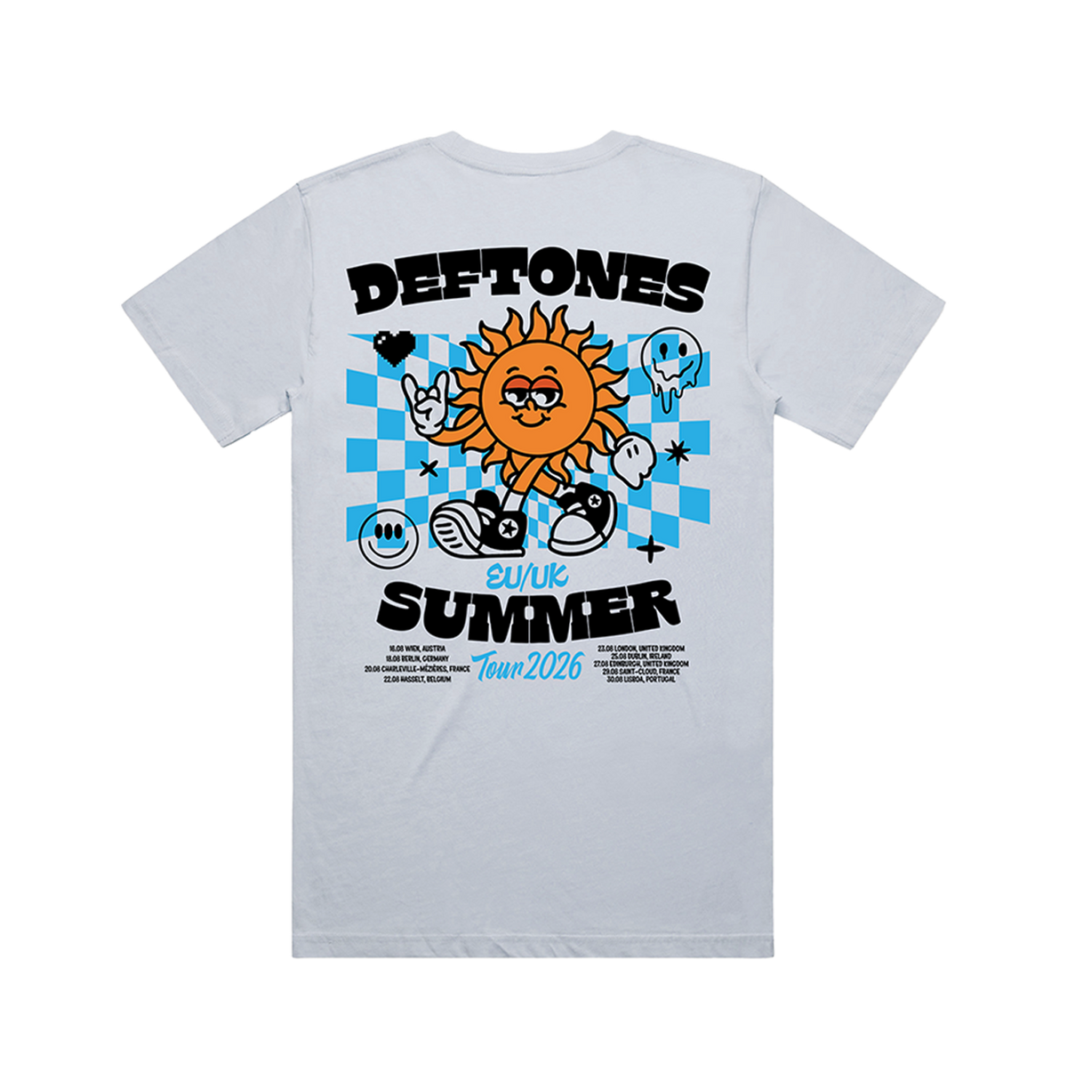 White cotton standard fit blazing sun t-shirt with vibrant orange sun graphic from official deftones uk store merch