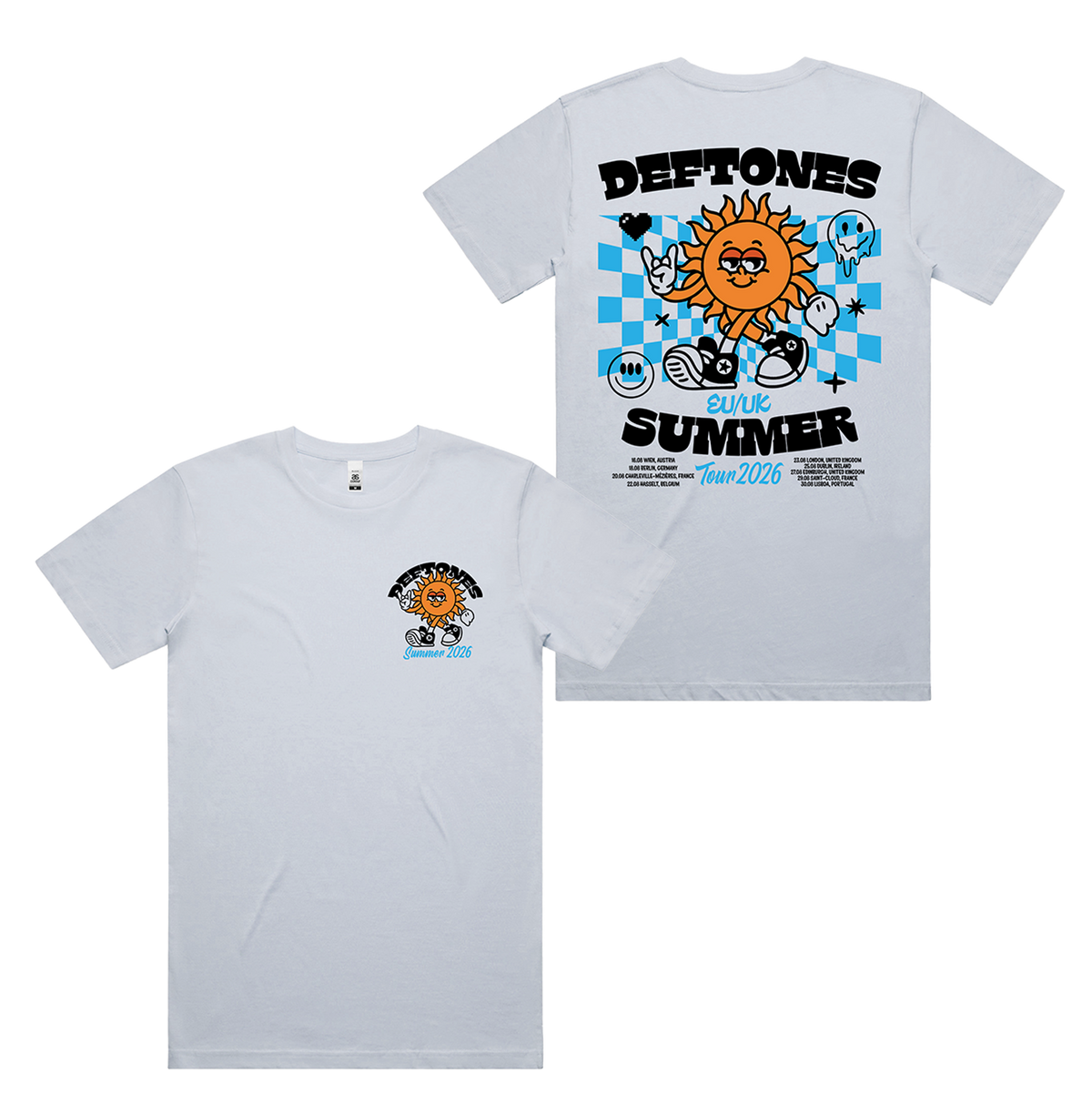 White cotton standard fit blazing sun t-shirt back featuring vibrant orange sun graphic and deftones uk merch text