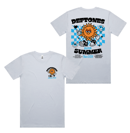 White cotton standard fit blazing sun t-shirt back featuring vibrant orange sun graphic and deftones uk merch text