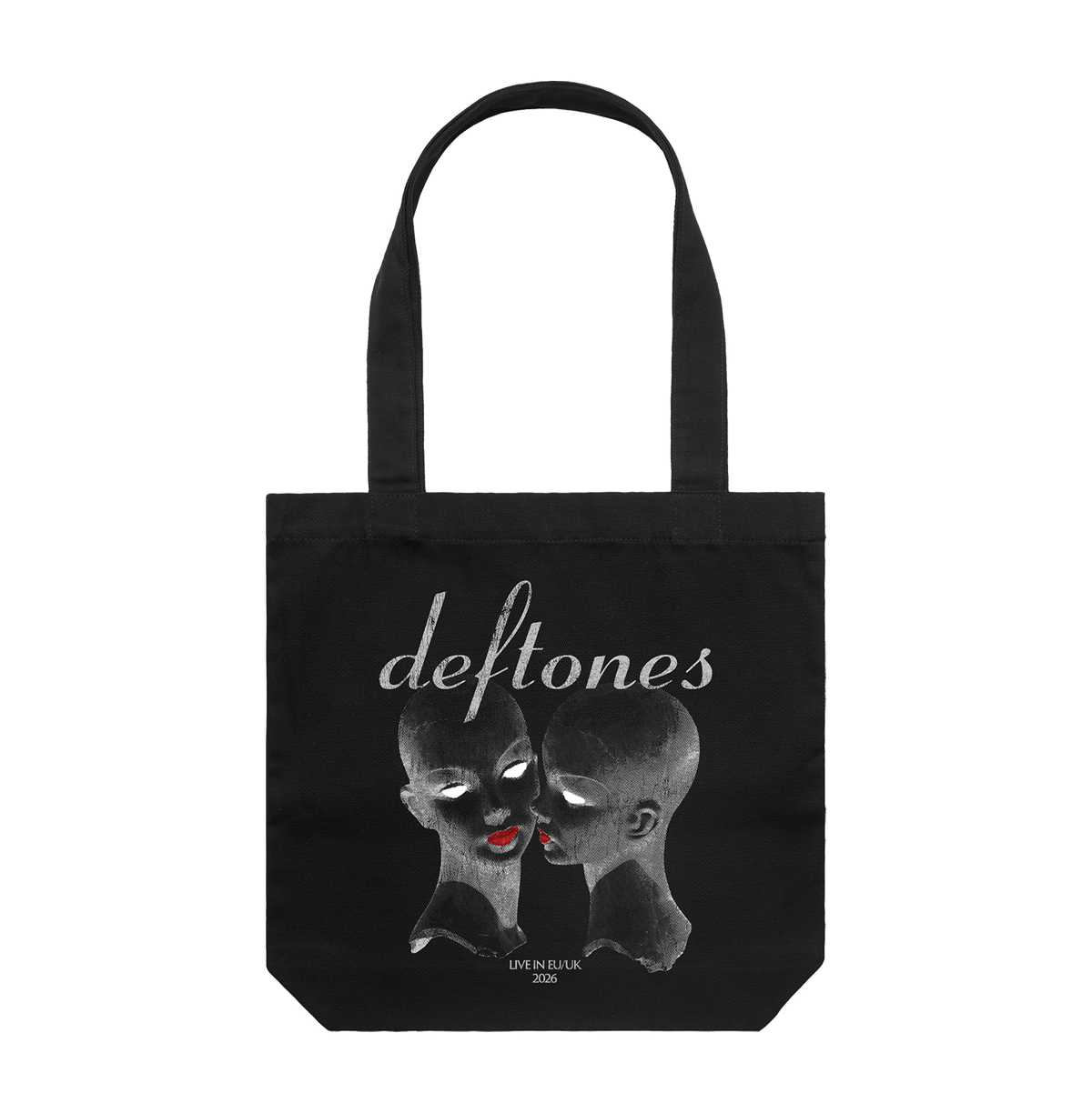 Black canvas cotton mannequin tote bag with shoulder straps featuring two stylized faces and silver deftones uk store text