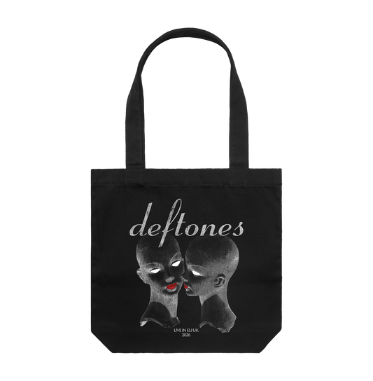 Black canvas cotton mannequin tote bag with shoulder straps featuring two stylized faces and silver deftones uk store text